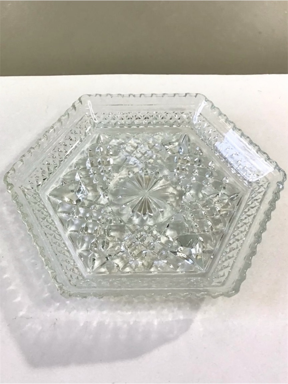 Vintage Anchor Hocking Footed Dish Clear Glass Hexagonal Plate Wexford Pattern